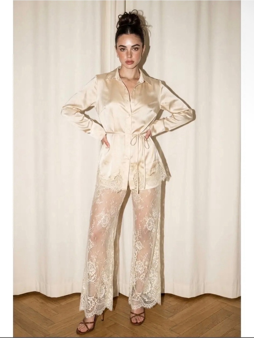 Satin & Corded Lace Evening Set in Champagne